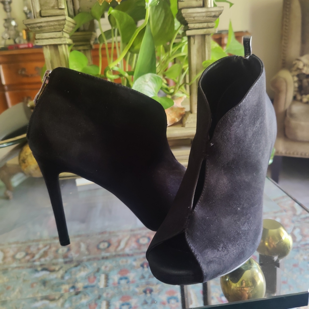 Black suede peep toe booty heels